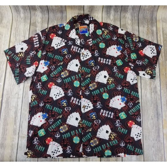 Dem Crazy Hawaiian Shirt Mens Size L Short Sleeves Button Up Poker Cards Print - Picture 1 of 11